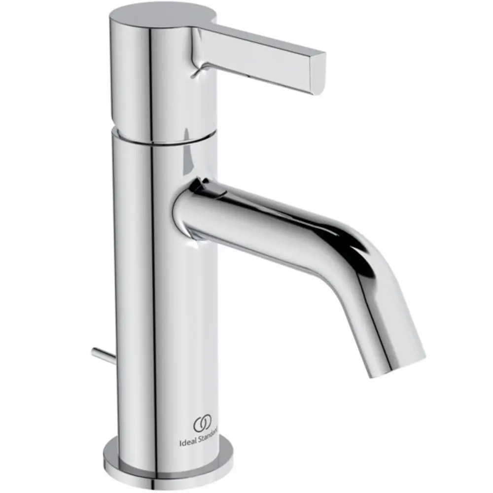 Chromfarbige Waschtischarmatur von Ideal Standard mit einem geraden Auslauf und einem Hebel zum Einstellen des Wasserflusses.